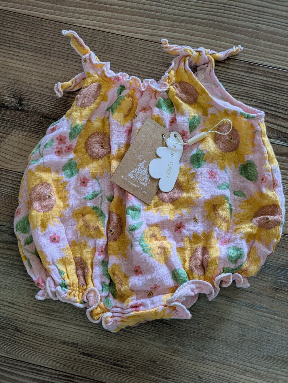 Angel Dear Baby Pink Sunflower Cotton Muslin Sleeveless Ruffle Bubble Romper